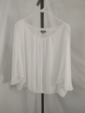 Vince Camuto XL White Sheer Rhinestone Sleeve Blouse Boho Peasant Top
